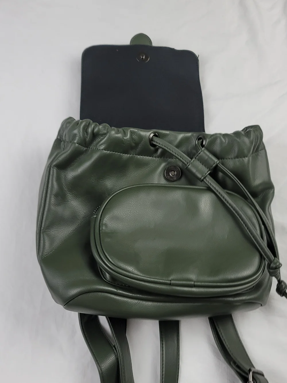 Olive Green Faux Leather Buckle Drawstring Backpack